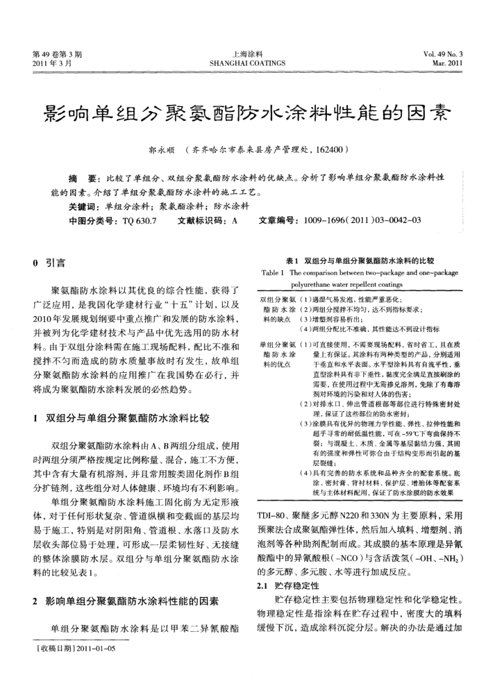影响单组分聚氨酯防水涂料性能的因素