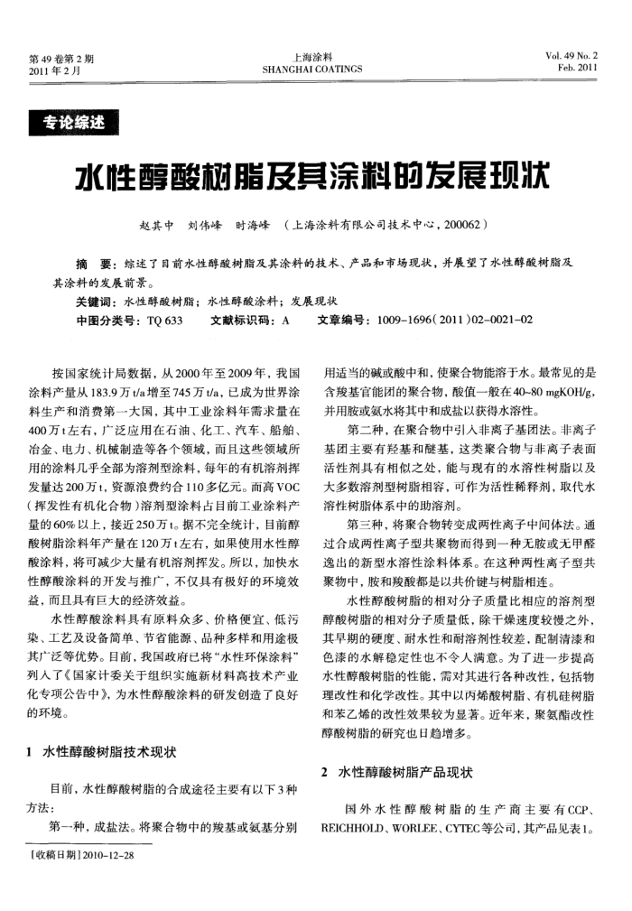 水性醇酸树脂及其涂料的发展现状