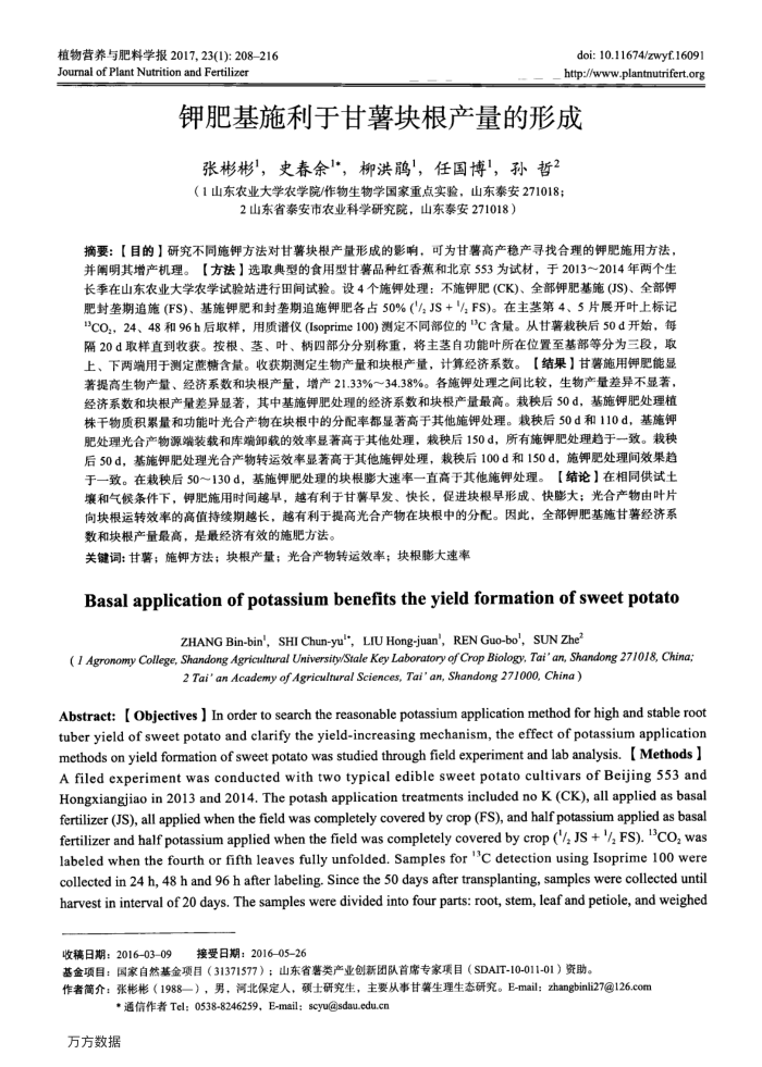 钾肥基施利于甘薯块根产量的形成