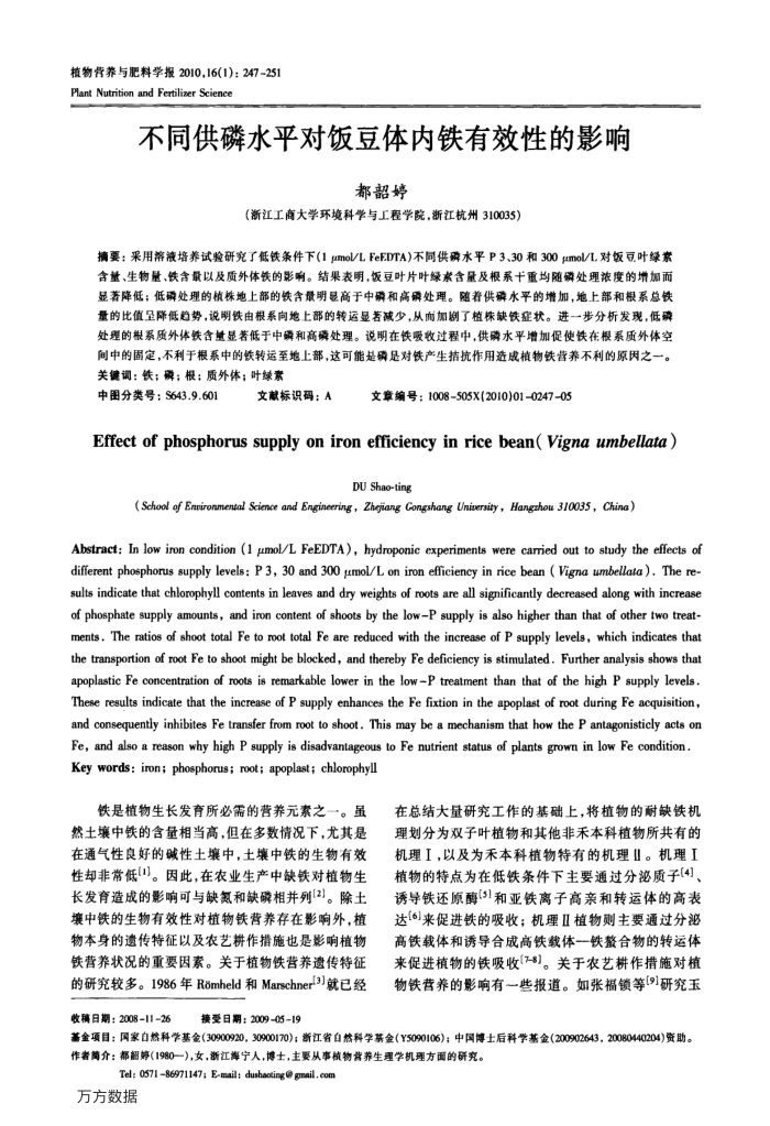 不同供磷水平对饭豆体内铁有效性的影响