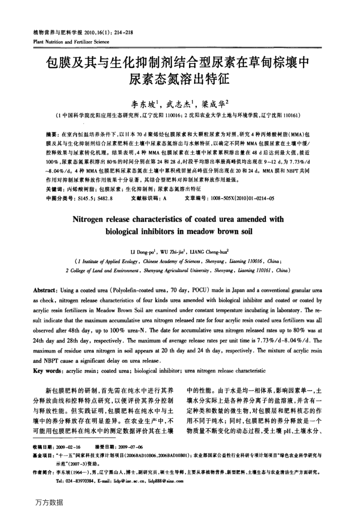包膜及其与生化抑制剂结合型尿素在草甸棕壤中尿素态氮溶出特征