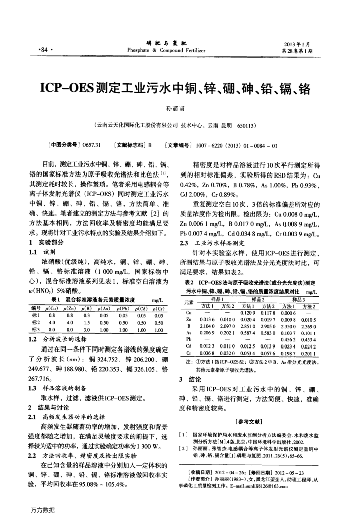 ICP-OES测定工业污水中铜、锌、硼、砷、铅、镉、铬