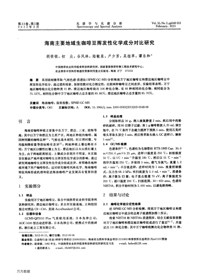 海南主要地域生咖啡豆挥发性化学成分对比研究