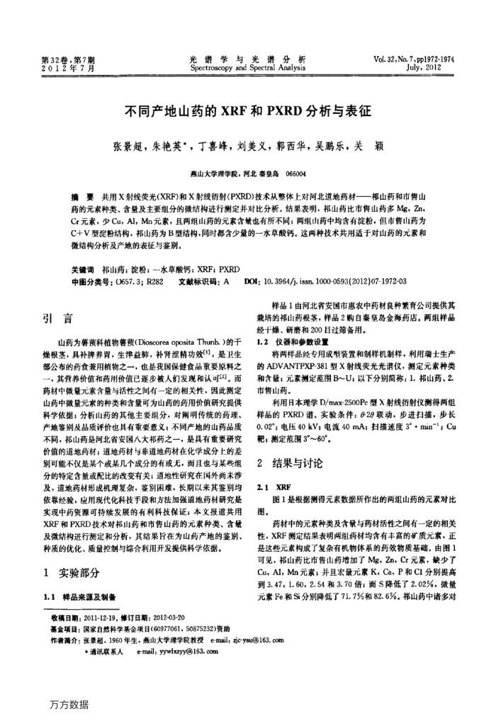 不同产地山药的XRF和PXRD分析与表征