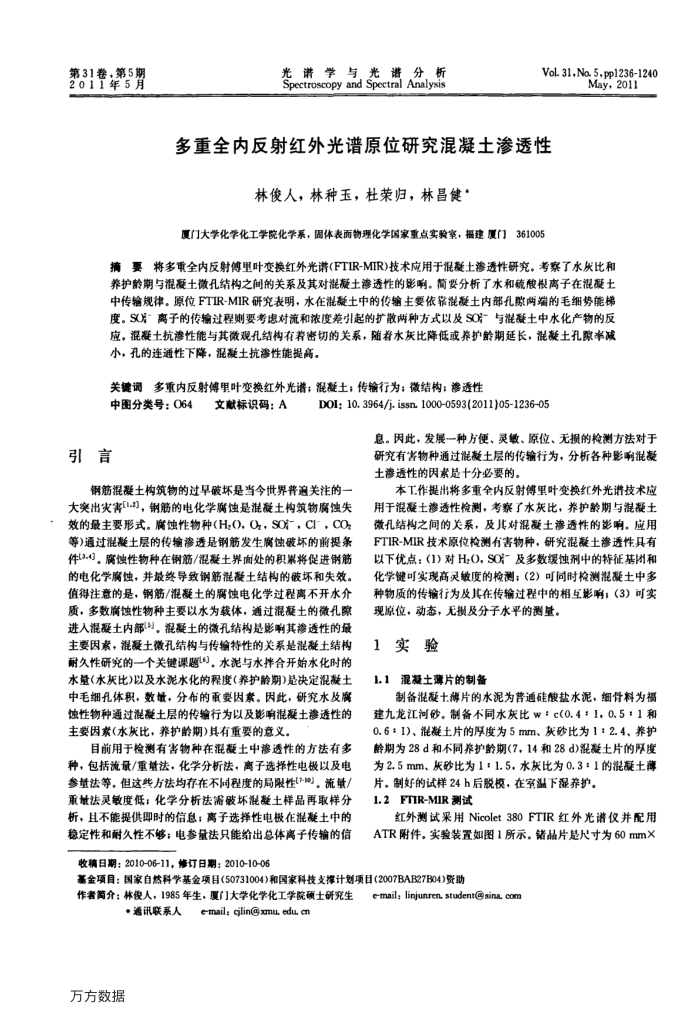多重全内反射红外光谱原位研究混凝土渗透性
