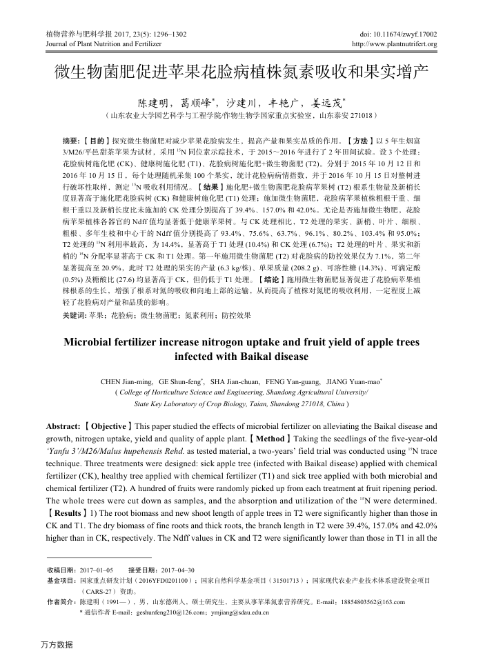 微生物菌肥促进苹果花脸病植株氮素吸收和果实增产
