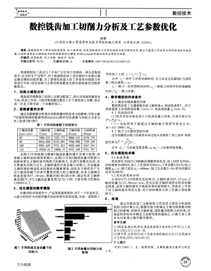 数控铣齿加工切削力分析及工艺参数优化