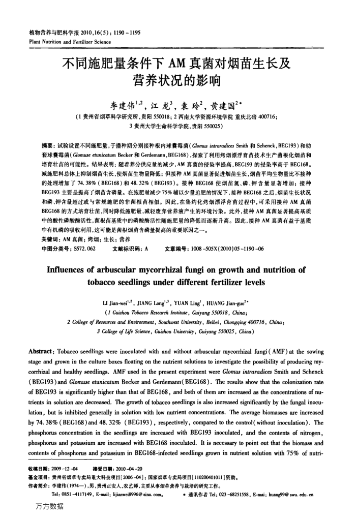 不同施肥量条件下 AM 真菌对烟苗生长及营养状况的影响
