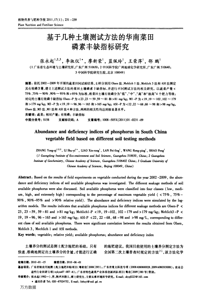 基于几种土壤测试方法的华南菜田磷素丰缺指标研究