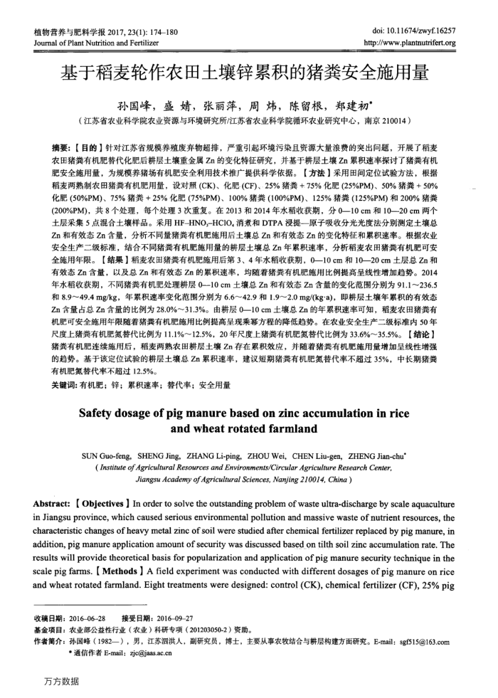 基于稻麦轮作农田土壤锌累积的猪粪安全施用量