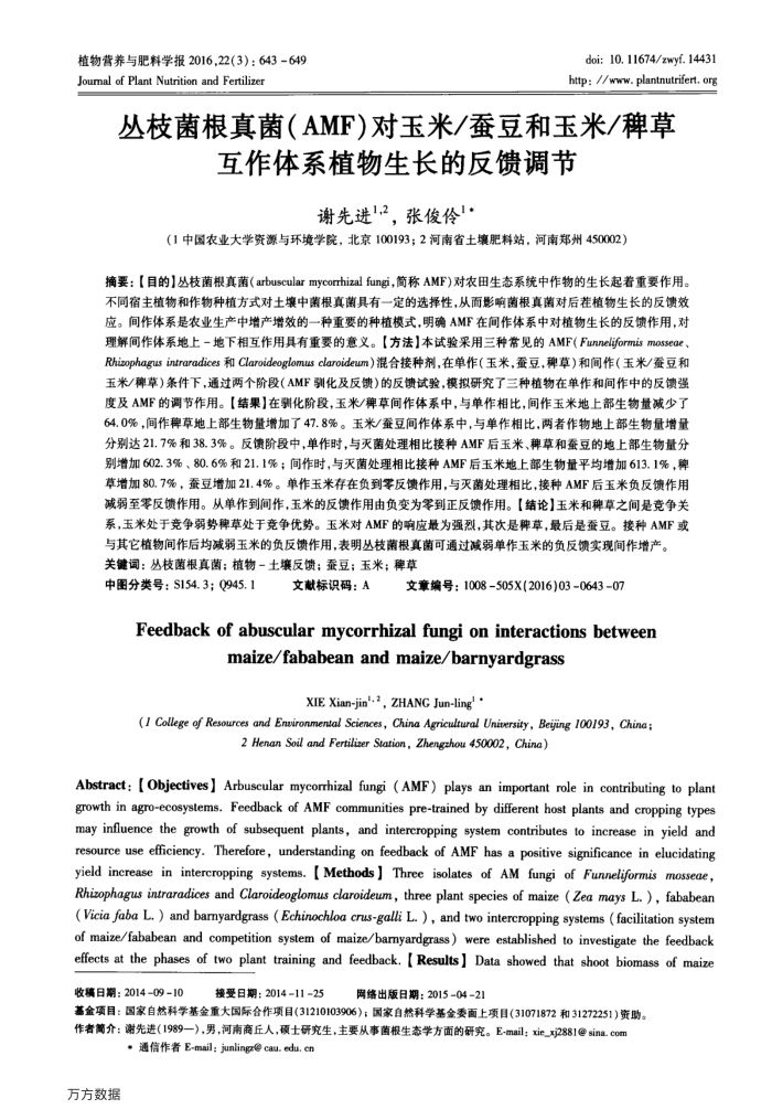 丛枝菌根真菌(AMF)对玉米∕蚕豆和玉米∕稗草互体系植物生长的反馈调节