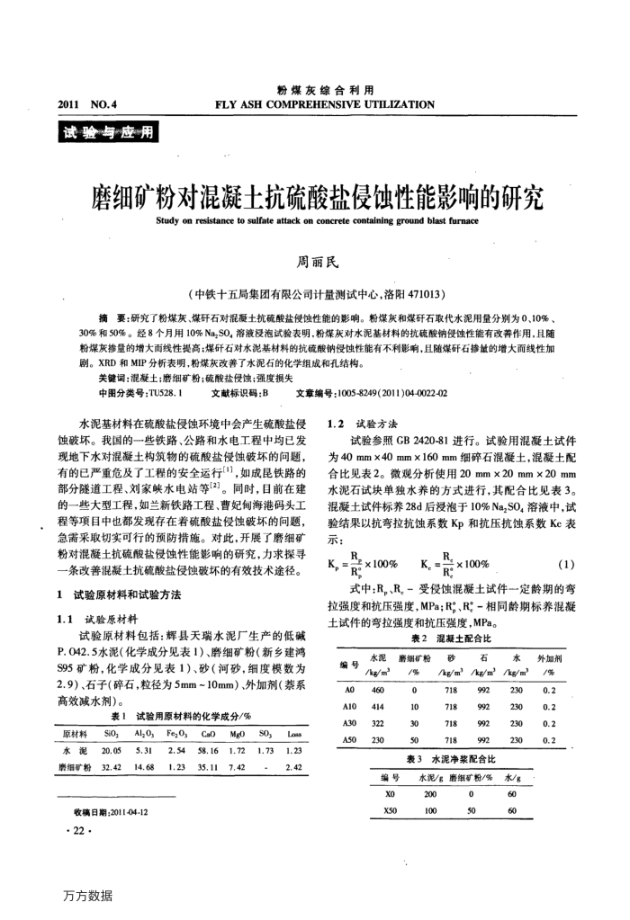 磨细矿粉对混凝土抗硫酸盐侵蚀性能影响的研究