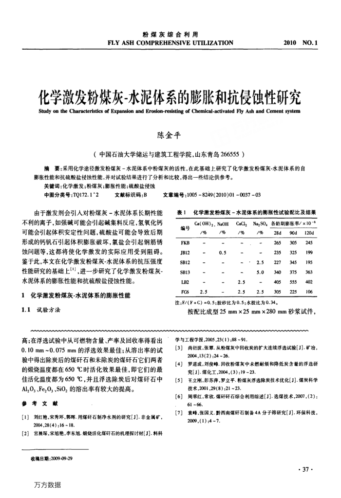 化学激发粉煤灰-水泥体系的膨胀和抗侵蚀性研究