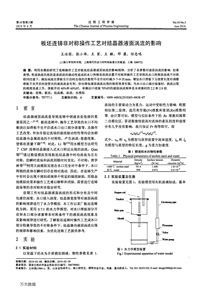 板坯连铸非对称操作工艺对结晶器液面涡流的影响