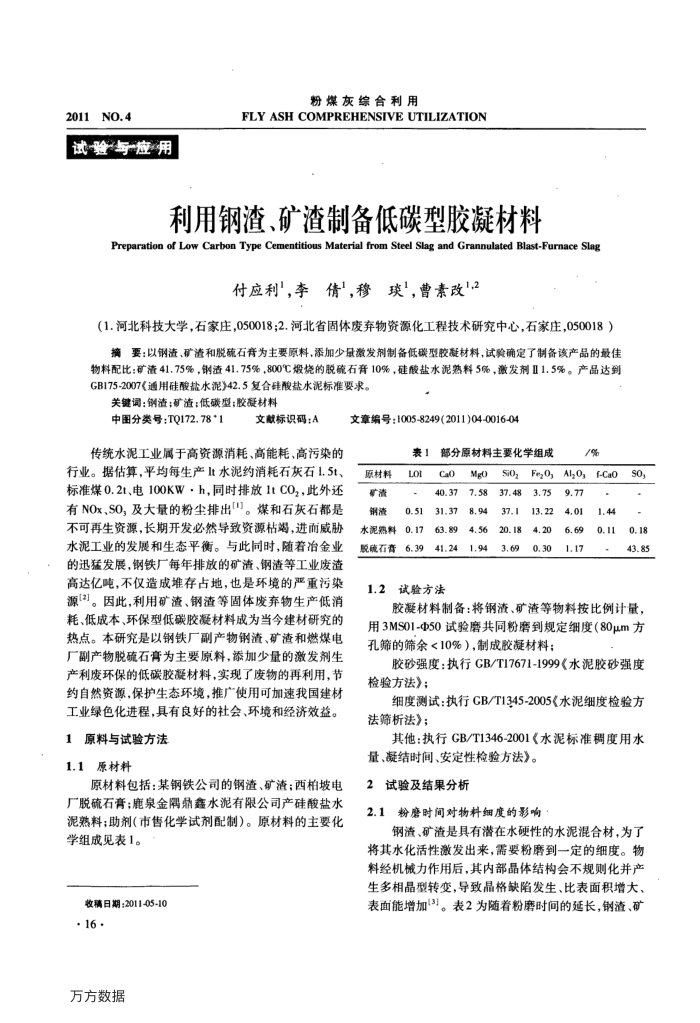 利用钢渣、矿渣制备低碳型胶凝材料