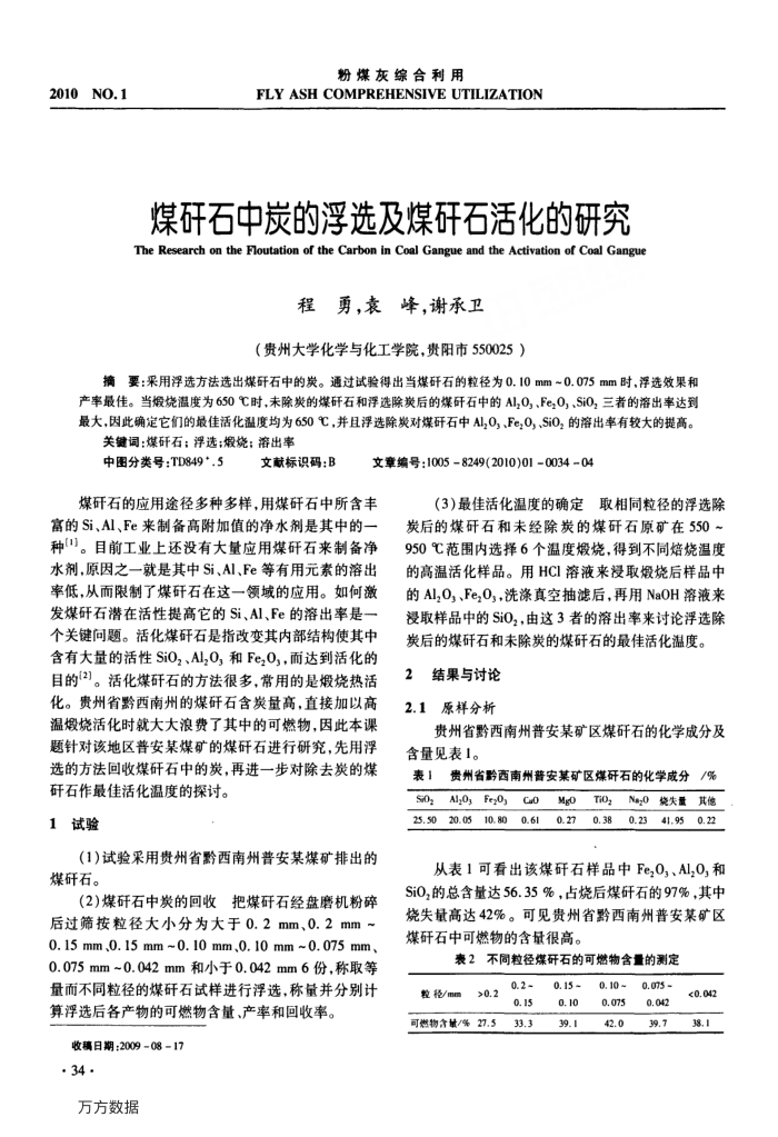 煤矸石中炭的浮选及煤矸石活化的研究