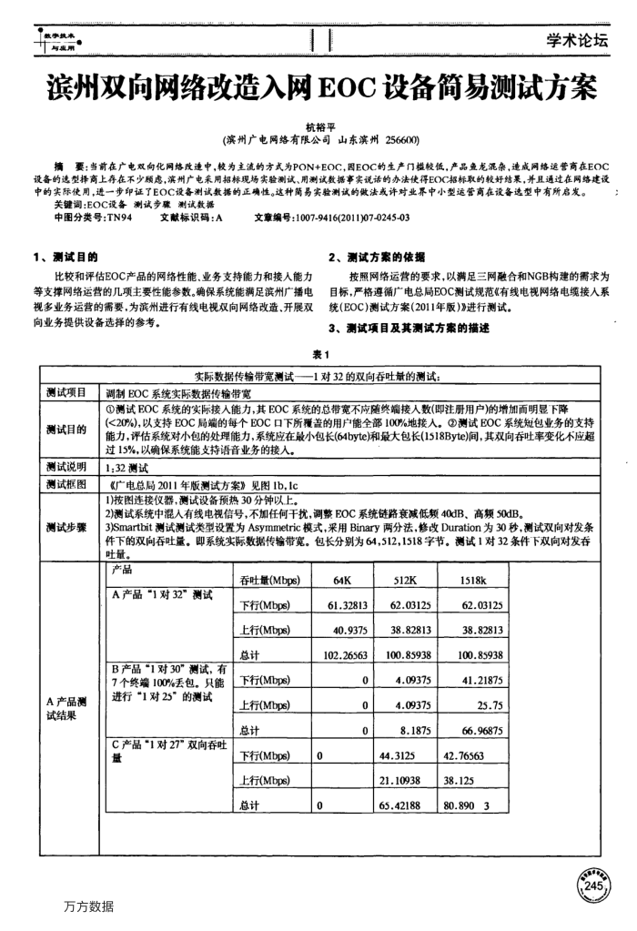 滨州双向网络改造入网EOC设备简易测试方案