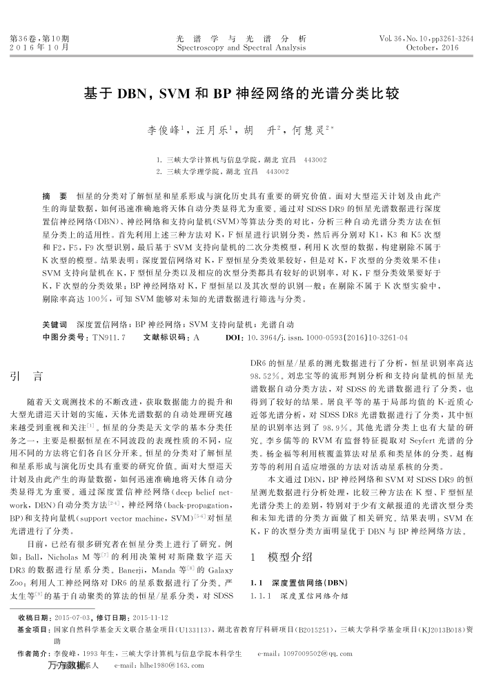 基于DBN,SVM和BP神经网络的光谱分类比较