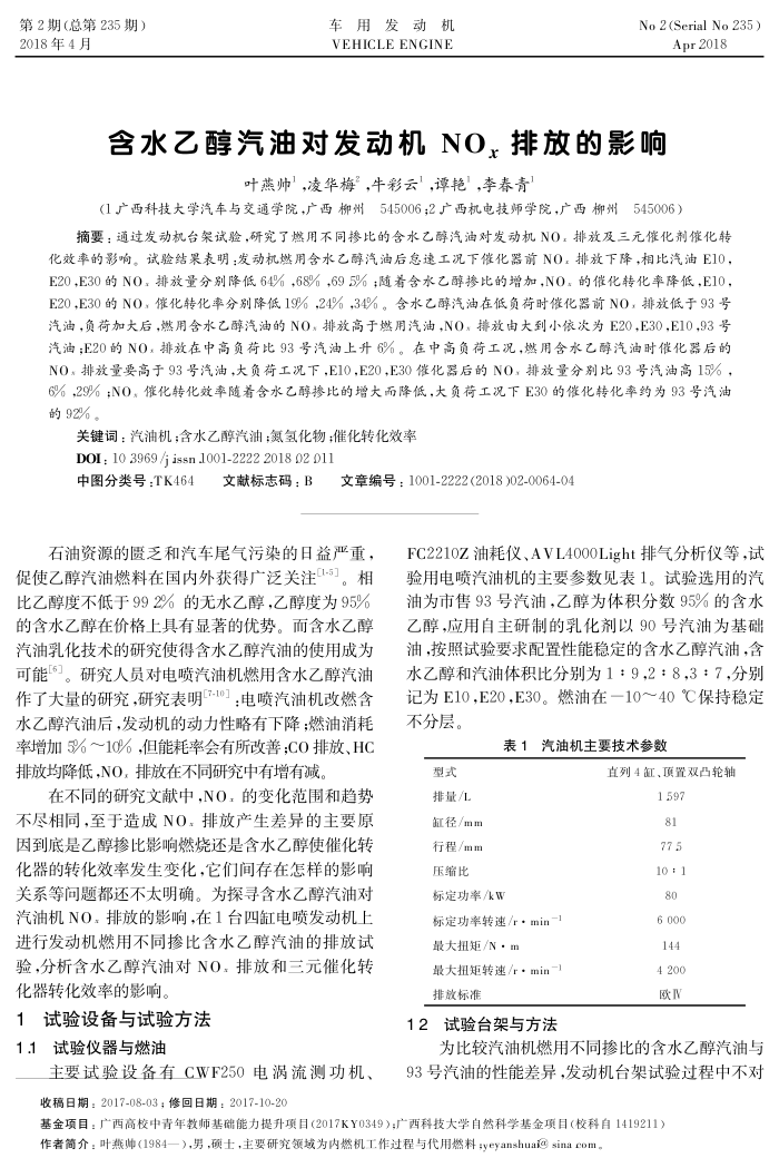 含水乙醇汽油对发动机NOx排放的影响