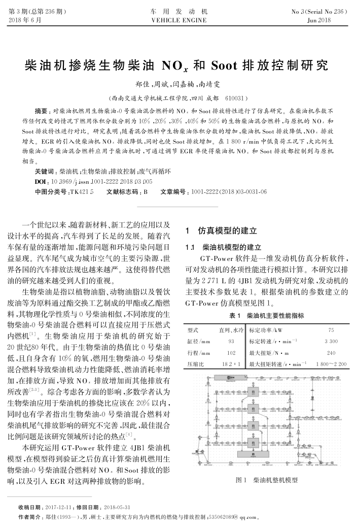柴油机掺烧生物柴油NOx和Soot排放控制研究