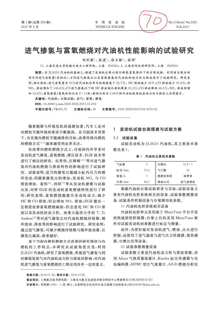 进气掺氢与富氧燃烧对汽油机性能影响的试验研究