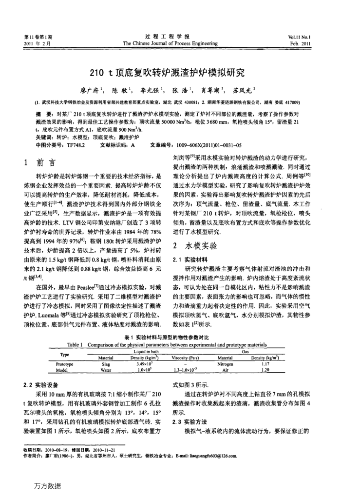 210﹢t顶底复吹转炉溅渣护炉模拟研究