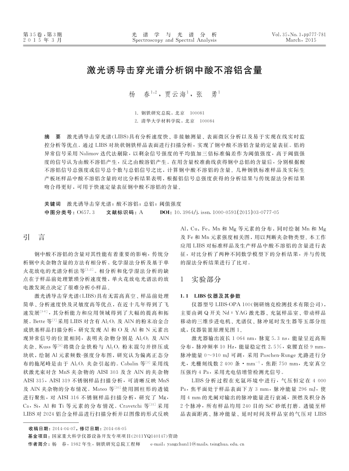激光诱导击穿光谱分析钢中酸不溶铝含量