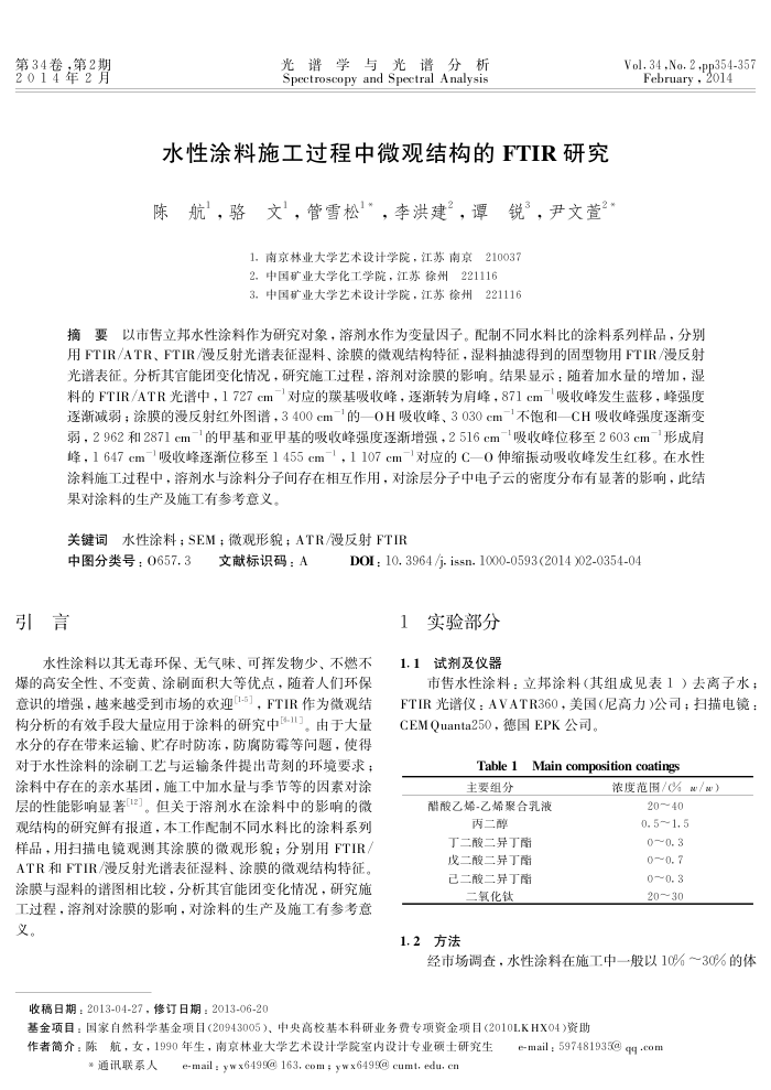 水性涂料施工过程中微观结构的FTIR研究