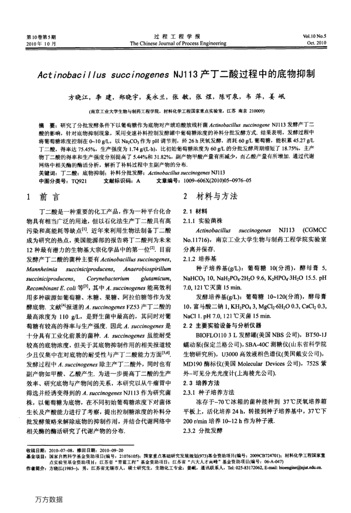 Actinobacillus﹢succinogenes﹢NJ113产丁二酸过程中的底物抑制
