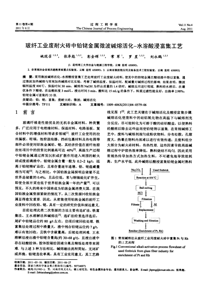 玻纤工业废耐火砖中铂铑金属微波碱熔活化-水溶酸浸富集工艺