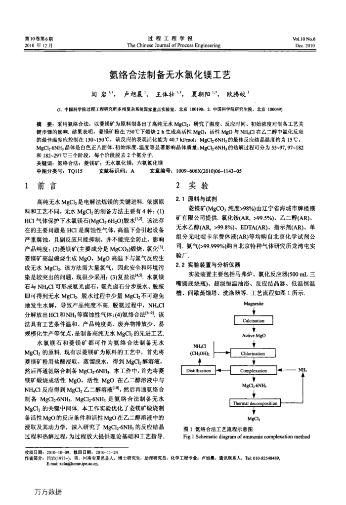 氨络合法制备无水氯化镁工艺