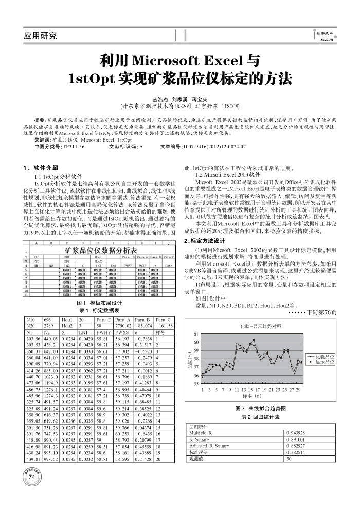 利用Microsoft Excel与1stOpt实现矿浆品位仪标定的方法