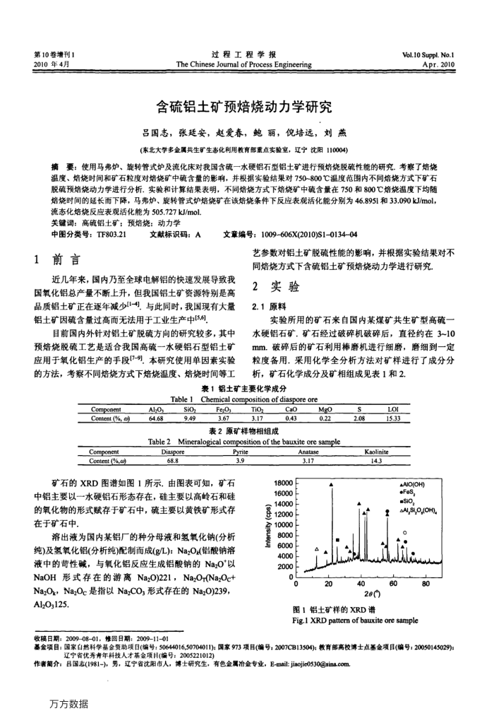 含硫铝土矿预焙烧动力学研究