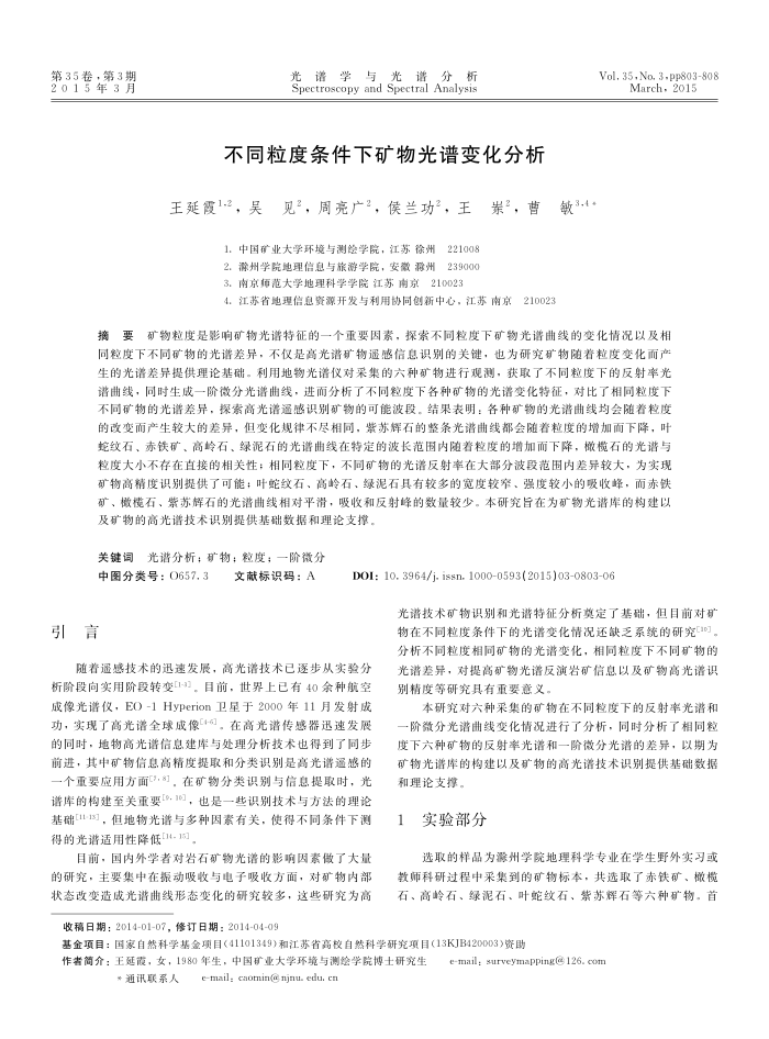 不同粒度条件下矿物光谱变化分析