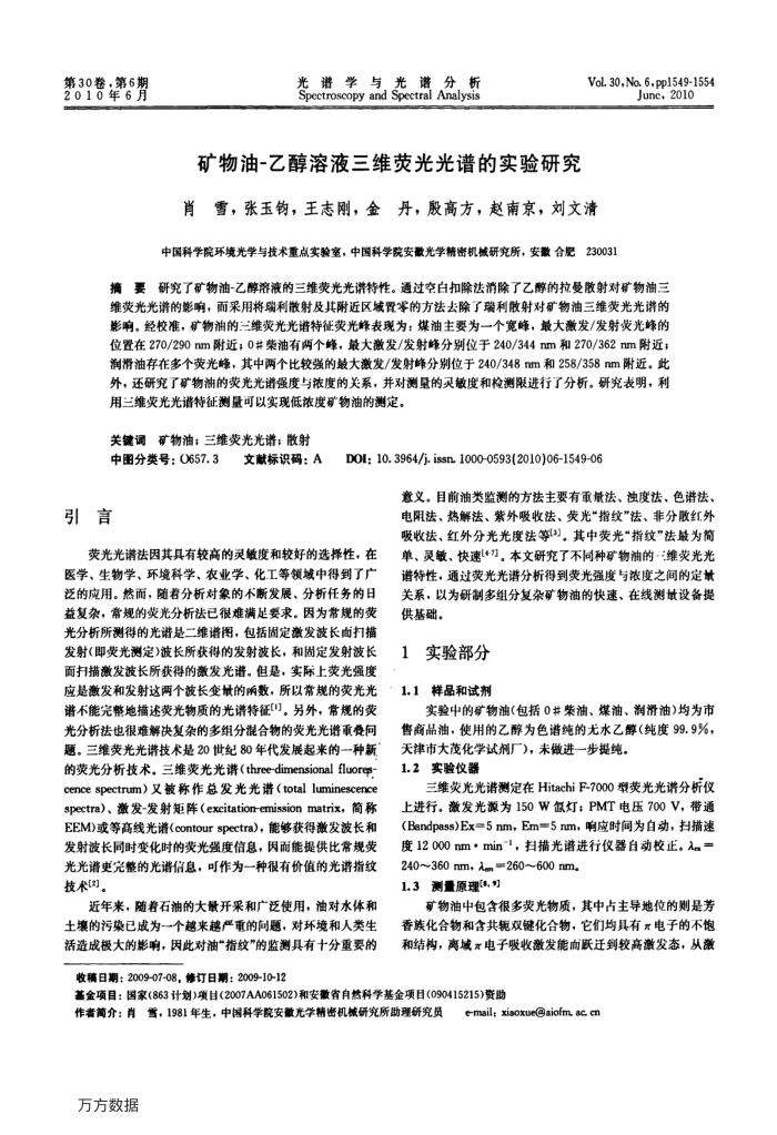 矿物油-乙醇溶液三维荧光光谱的实验研究