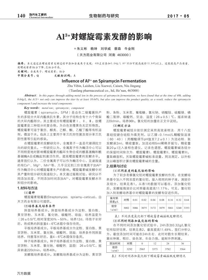 Al3﹢对螺旋霉素发酵的影响