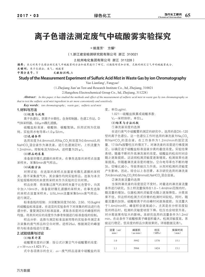 离子色谱法测定废气中硫酸雾实验探究