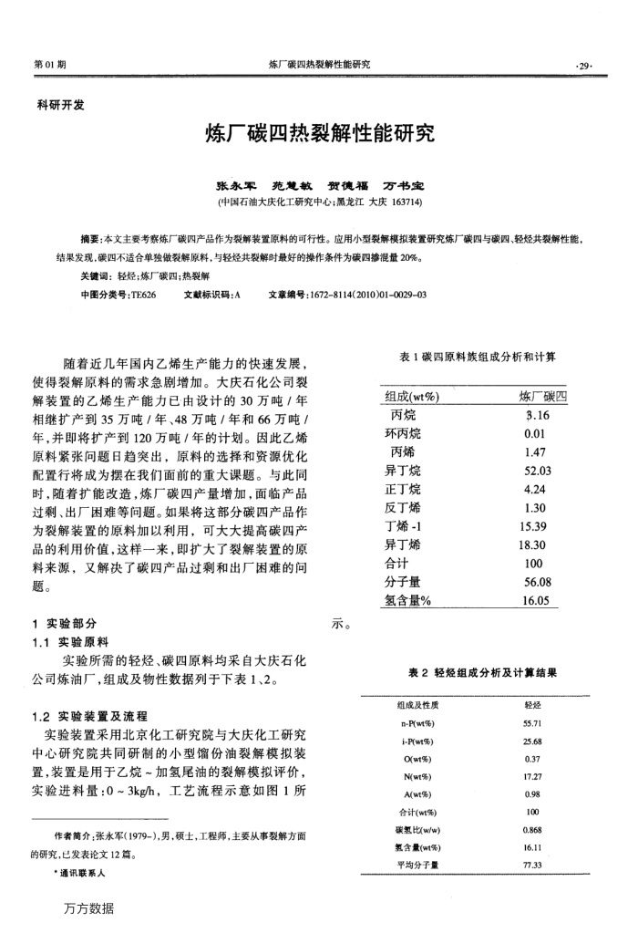 炼厂碳四热裂解性能研究