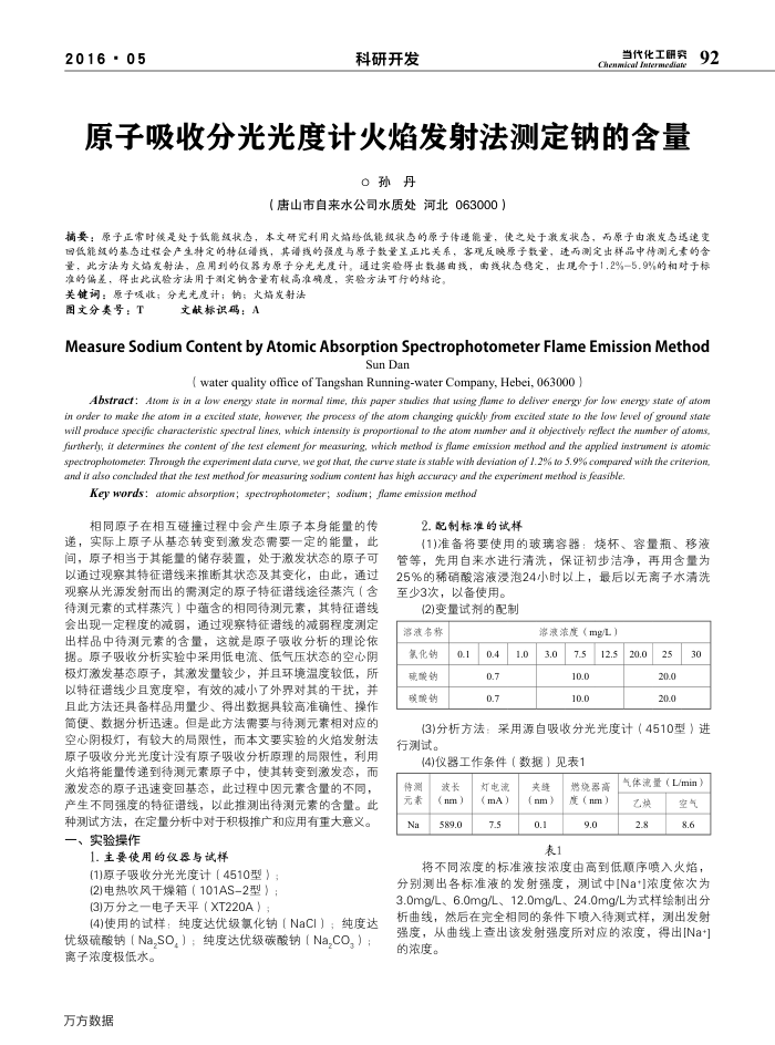 原子吸收分光光度计火焰发射法测定钠的含量
