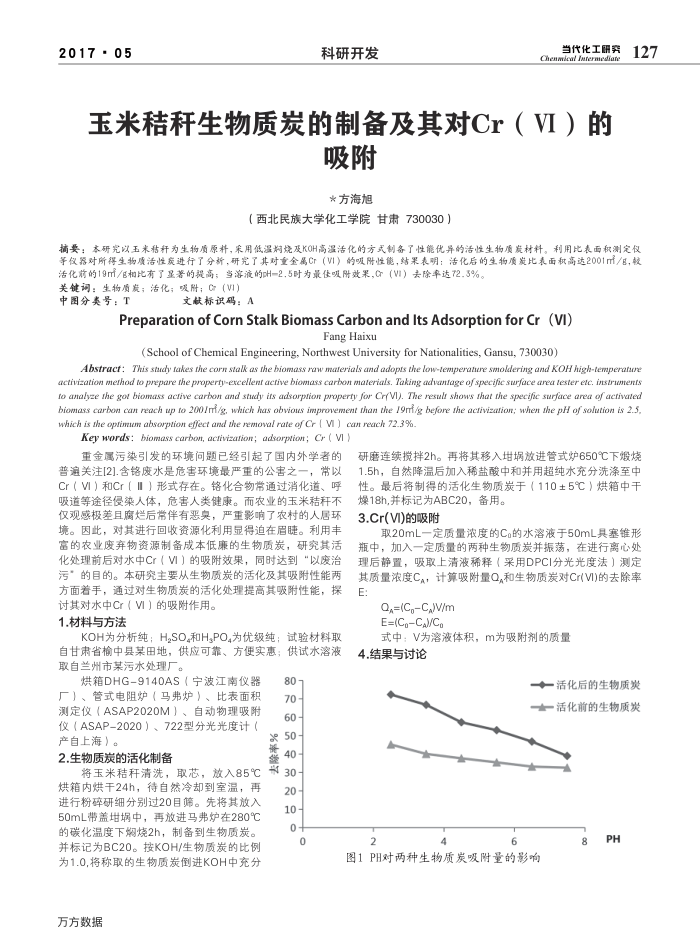 玉米秸秆生物质炭的制备及其对Cr(Ⅵ)的吸附