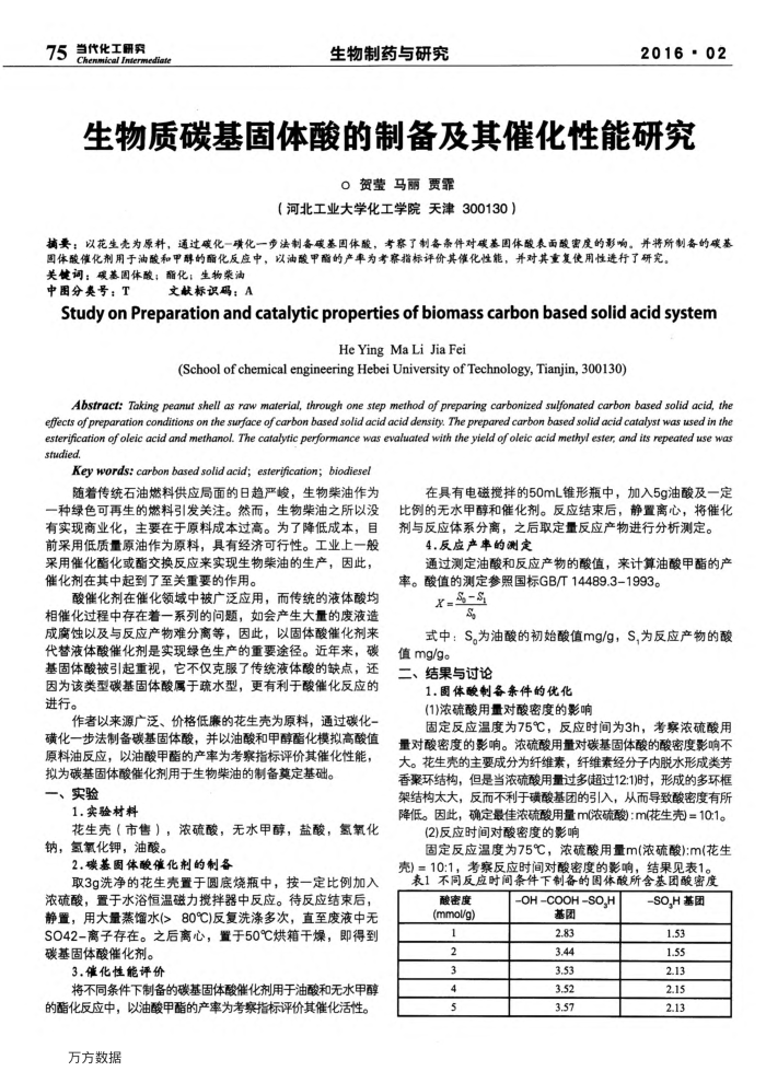 生物质碳基固体酸的制备及其催化性能研究