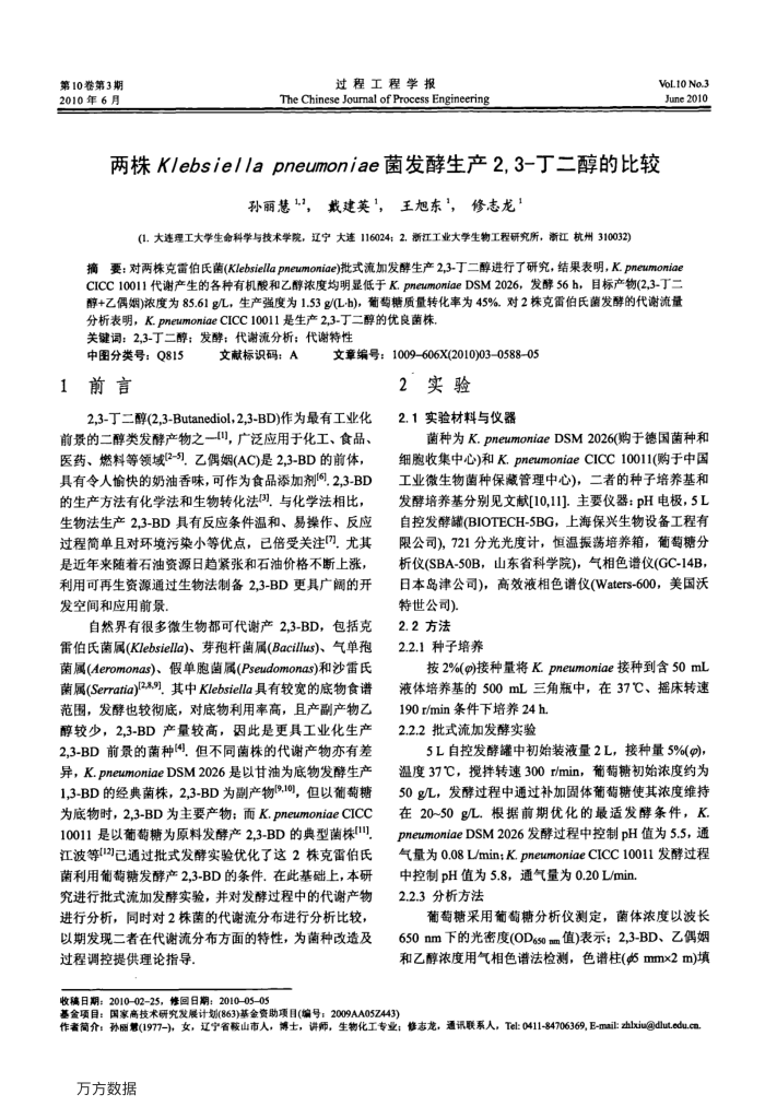 两株Klebsiella﹢pneumoniae菌发酵生产2,3-丁二醇的比较