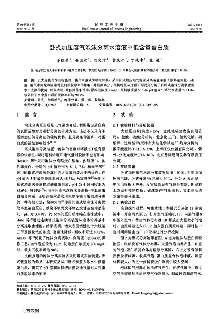 卧式加压溶气泡沫分离水溶液中低含量蛋白质