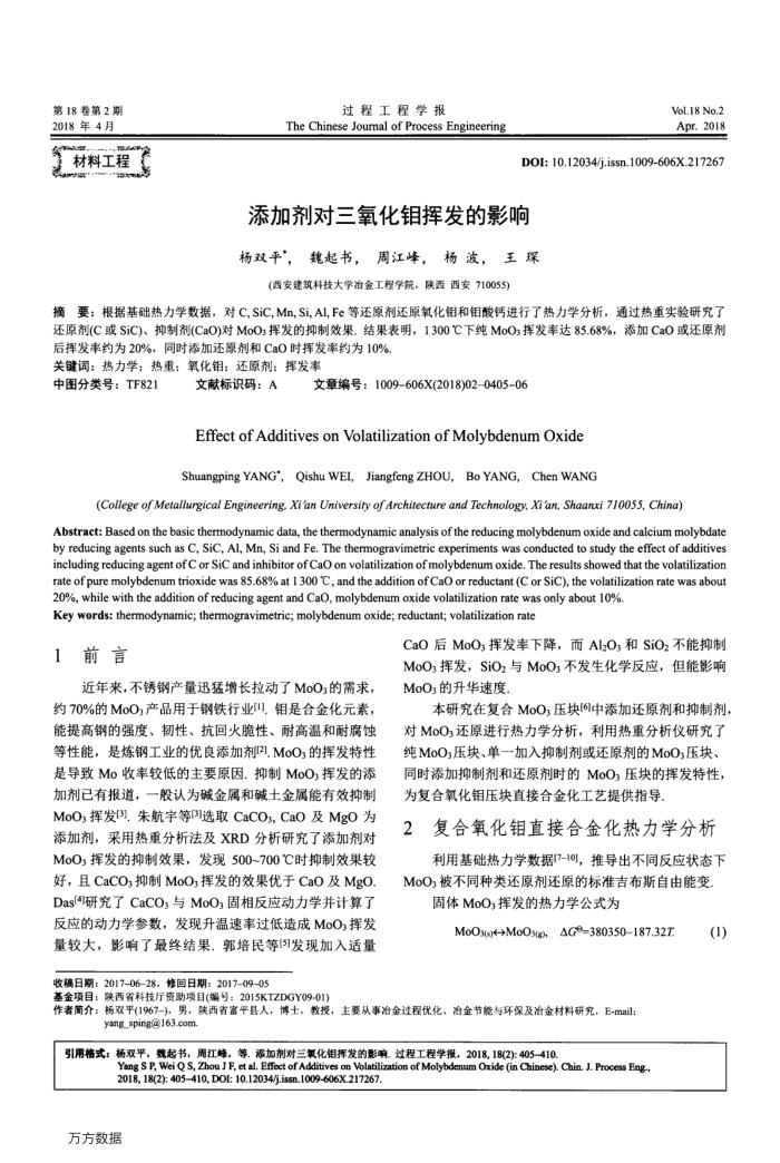 添加剂对三氧化钼挥发的影响