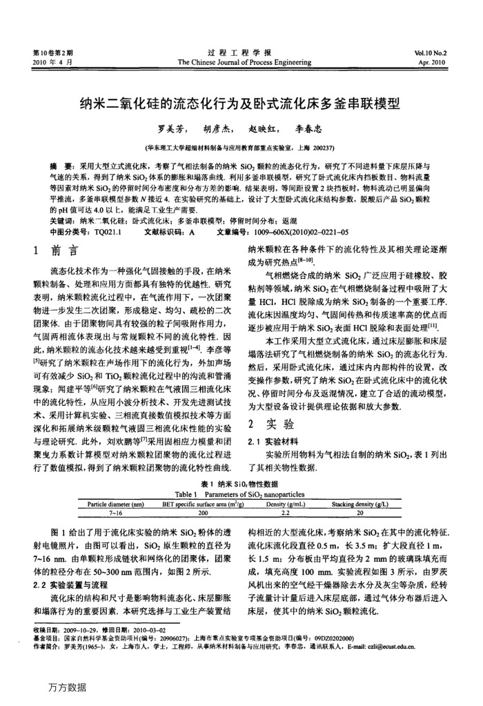 纳米二氧化硅的流态化行为及卧式流化床多釜串联模型