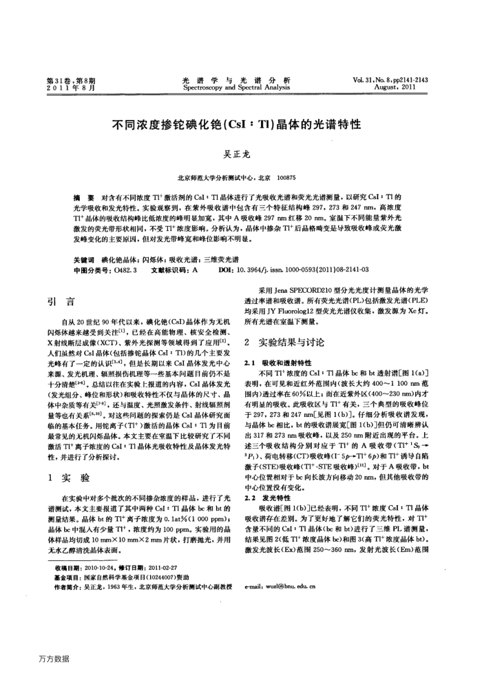 不同浓度掺铊碘化铯(CsI:Tl)晶体的光谱特性