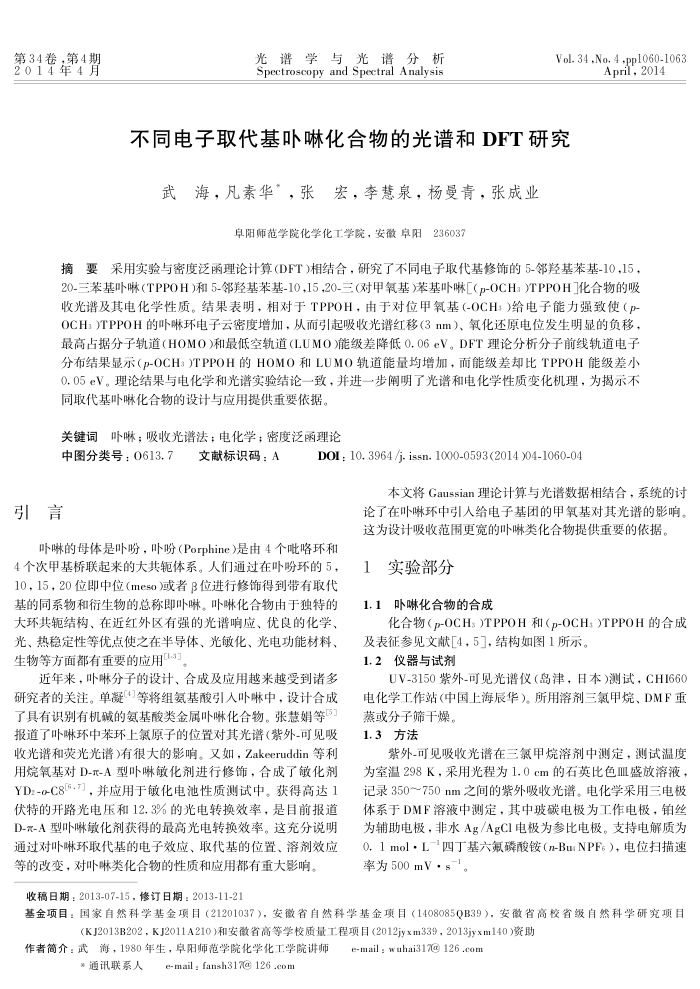 不同电子取代基卟啉化合物的光谱和DFT研究