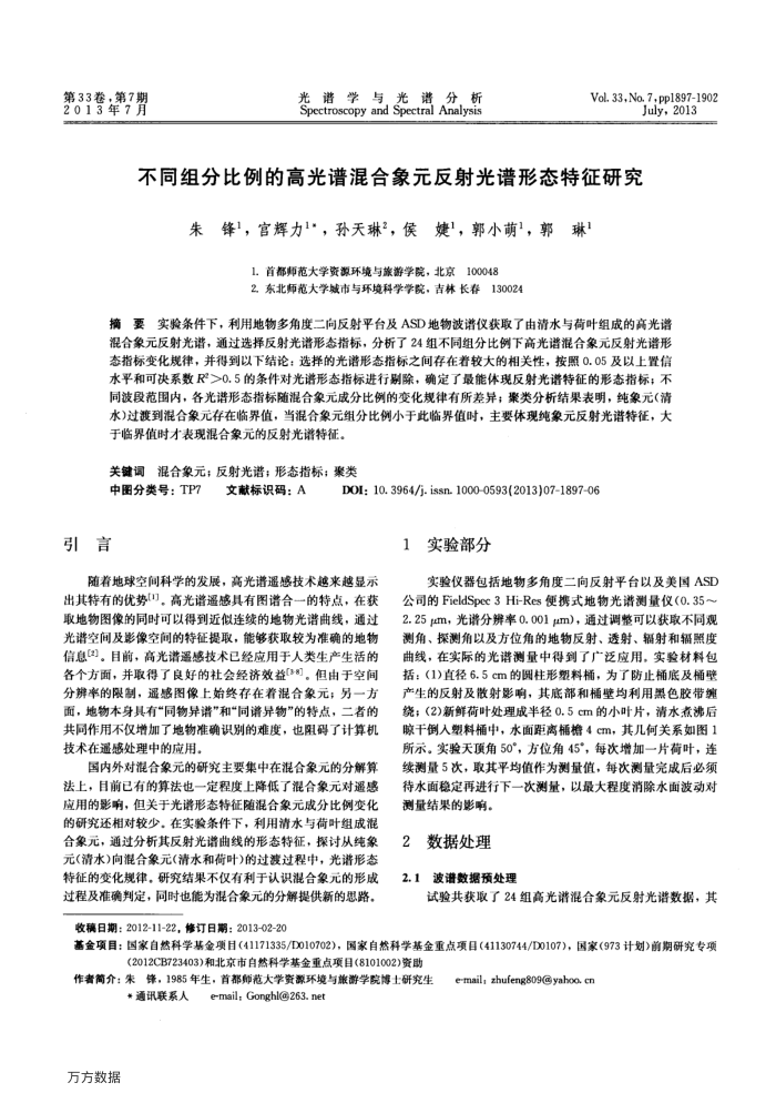 不同组分比例的高光谱混合象元反射光谱形态特征研究