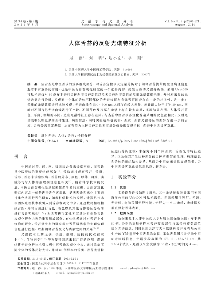 人体舌苔的反射光谱特征分析