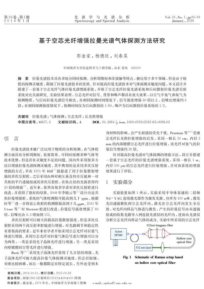 基于空芯光纤增强拉曼光谱气体探测方法研究